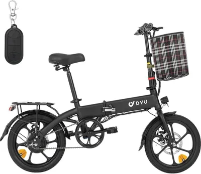 Produktbild von DYU A1F PRO E bike electric bike, 16palcové elektrické skládací kolo s indikátorem baterie, dálkový start na klíček, 3 jízdní režimy, noční světla, asistent šlapání, nastavitelná výška sedadla, skládací pedelec pro muže a ženy