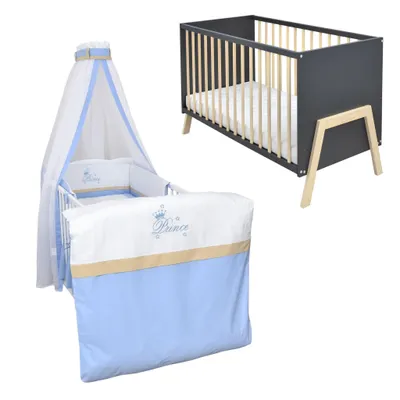 Produktbild von Babybett Kinderbett Gitterbett Juna 60x120 Anthrazit Schutzgitter Matratze Bettwäsche Set 10tlg  Prince
