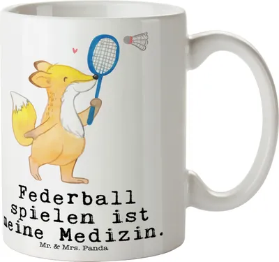 Produktbild von Mr. & Mrs. Panda Kaffeebecher Fuchs Federball spielen - Weiß - Geschenk, Tasse, Kaffeetasse, keramik, Becher, Bedruckte, bedruckt, Badminton