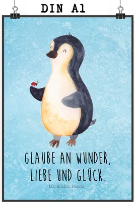 Produktbild von Mr. & Mrs. Panda Bild Pinguin Marienkäfer DIN A1 - Eisblau - Geschenk, Wunder, Aufmerksam, kunstdruck poster, Kleine, Wandbild, wanddeko, Plakat, Liebe, drucke