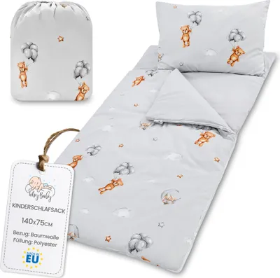 Obrázek produktu pro Dětský spací pytel s polštářem a zipem pro děti od 3 do 7 let - 135 x 70 cm dětský spací pytel vnitřní pro školku deka spací pytel medvídci