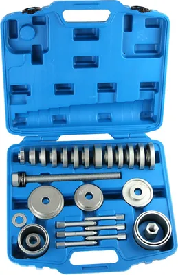 A blue plastic case containing a set of metal tools, likely for automotive repair.