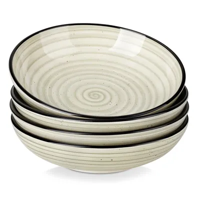 Image de MALACASA : Assiettes en céramique, ensemble de 4 pièces comprenant : assiettes à soupe, bols à pâtes, bols pour ramen, saladiers et bols polyvalents, couleur beige