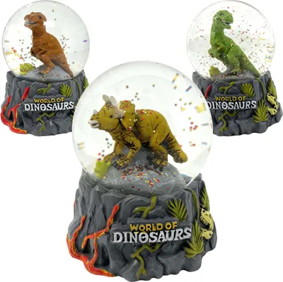 Produktbild von Schneekugel Dinosaurier mit Glitzer - Hochwertige Schüttelkugel aus Glas | Dekofigur Dino in 3 Varianten [Eine via zufällige Auswahl] | Deko Monster Kugel Höhe 9 cm [1 Stück]