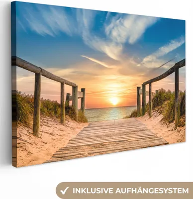 Produktbild von Leinwand Bilder 120x80 cm - Strand - Sonnenuntergang - Weg - Dünen, Wandbilder, Wanddeko Wohnzimmer, Bild
