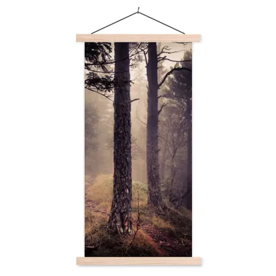 Produktbild von MuchoWow® Textilposter Nebel - Herbstdekoration - Natur - Wald 60x120 cm mit holzfarbenen Rahmen - Holz