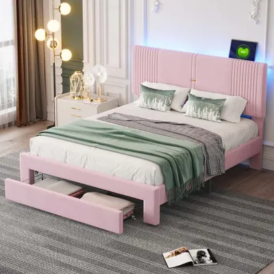 Immagine prodotto di Letti imbottiti AIORBER, 140 x 200 cm, con illuminazione LED e USB, ampio cassetto, rivestimento in velluto, robusta struttura in metallo, letto matrimoniale, rosa