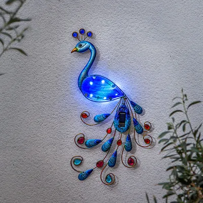 Produktbild von LED Solar Wanddeko PFAU - 6 kaltweiße LED - H: 52cm - Dämmerungssensor - blau