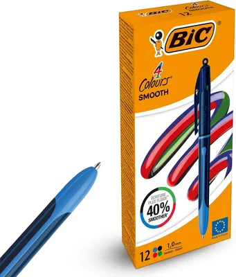 Productafbeelding van BIC 4-kleuren gladde pennen - Verpakking van 12 meerkleurige pennen - Intrekbaar ontwerp - Veelkleurige pennen - School