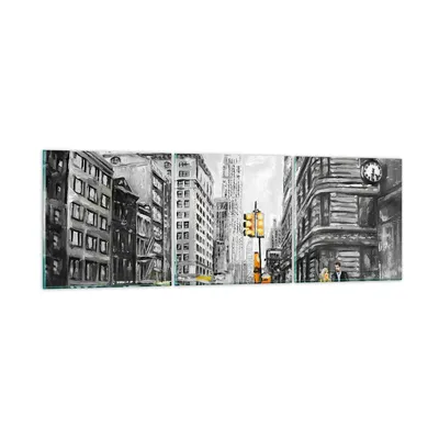 Produktbild von Bilder auf glas - Stadt Taxi Wolkenkratzer Illustration - 90x30cm - Glasbilder - Wandbilder - Kunstdruck - Wanddekoration aus Glas - Glas Bilder - Wandbild auf Glas - GCA90x30-3148