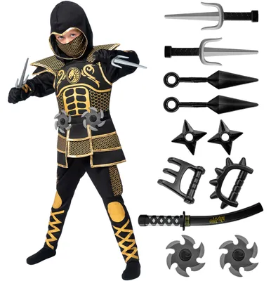 Produktbild von Spooktacular Creations Golden Ninja Kostüm für Jungen, Kinder Ninja Kostüm-Outfit Set mit goldenen Rüstung und Mustern für Halloween Ninja Kostüm Dress Up Party-S – Größe Small(5-7 yrs)