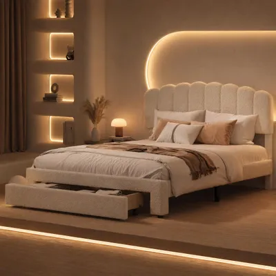 Produktbild von Doppelbett 140×200 cm Teddy-Velours in Weiß mit USB-Anschluss und Schublade am Fußteil