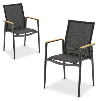 Produktbild von Gartenstuhl 2er-Set Mannoli - Aluminium-Stapelstuhl mit Textilgewebe - wetterfest - für Garten, Terrasse, Balkon - Teakholz-Armlehnen