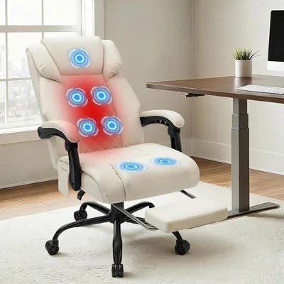 Produktbild von HOFFREE Massage-Bürostuhl mit Wärme & 7 Vibrationspunkten, 180° neigbar, Fußstütze, 200 kg Tragkraft, Chefsessel für große Personen, Beige