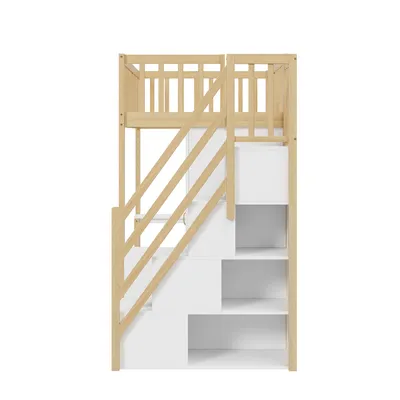 Produktbild von MODFU Hochbett Etagenbett 90x200cm mit Rausfallschutz und Stauraum Treppe, Kinderbett mit Kleiderschrank, Holzbett Stockbett mit Regal und Tisch, Jugendbett Bettgestell, Natur