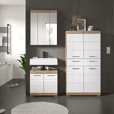 Produktbild von Badezimmer-Set 3-teilig in Eiche dunkel mit weiß Hochglanz, mit Spiegelschrank - SIROCO-158