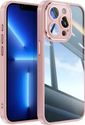 Produktbild von Handyhülle für iPhone 13 Pro Max Hybrid Transparent TPU PC Militärschutz mit Kameraabdeckung Pink