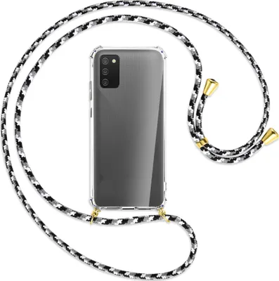 Produktbild von Handykette Backcover-Schutzhülle mit Band (Metall goldfarben) für Samsung Galaxy A02s - schwarz/grau/weiß
