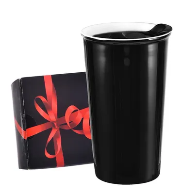 Obrázok produktu pre Cestovná keramická hrnček 355 ml, čierna, s ochranným viečkom a darčekovou krabičkou