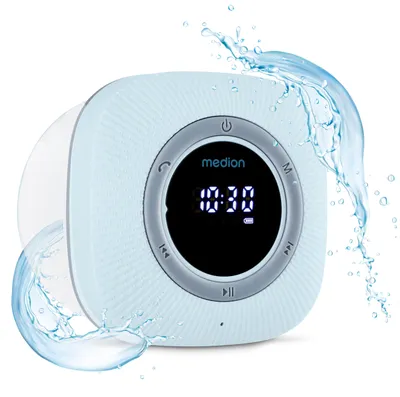 Produktbild von MEDION S66884 Duschradio mit Bluetooth (Badradio, UKW Radio, Saugnapf, LED-Display, IPX6 Wasserdicht, integrierter Akku, MD43884) blau