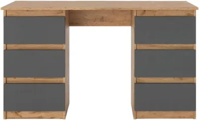 Obrázok produktu pre VBChome písací stôl 120x50x75 cm, dub Wotan – antracit. Kancelársky stôl s 6 zásuvkami, počítačový stôl, pracovný stôl, stôl na notebook