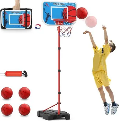 Produktbild von Famanu Basketballkorb für Kinder - Höhe verstellbar - Tragbare Basketballstandarde - Innen und Außen - Paketdesign - 4 Bälle