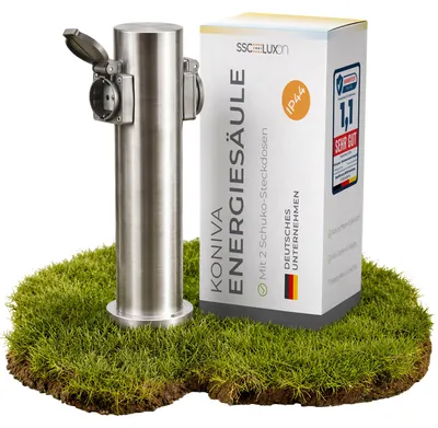 Produktbild von SSC-LUXon KONIVA Garten Energiesäule IP44 mit 2 Steckdosen 230V - Steckdosensäule für Außen rund in Edelstahl gebürstet mit Regenschutz