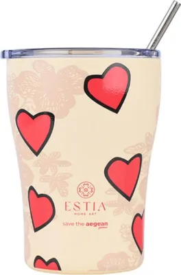 Obrázek produktu pro ESTIA | Termoska – hrnek na kávu se slámkou – béžová – 350 ml – izolační hrnek – červená srdíčka