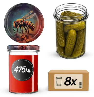 Produktbild von KADAX Einmachgläser 475ml mit Ø 82 mm Schraubdeckel, Marmeladengläser, Schraubgläser zum Einkochen, Einmachen und Aufbewahren von Marmelade & Honig (Blaue Biene, 8 Stück)