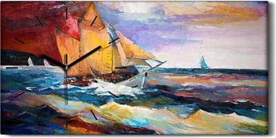 Produktbild von Wanduhr Uhr Wandbild Leinwand 60x30 Landschaft Ozean Schiff Meereswellen - schwarze Hände