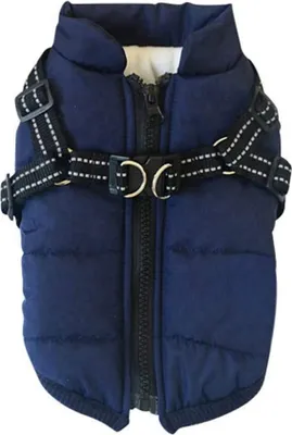 A navy blue dog vest with a black harness attached.
