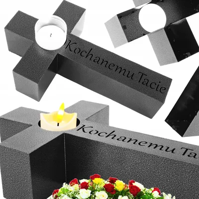 Zdjęcie produktu dla Znicz na grób | Nowość | Duży znicz | Z grawerem "KOCHANEMU TACIE" | Dla Taty - Trwały Metalowy 50 cm Długości Marmurowy Dekoracja na grób KRZYŻ