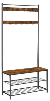 Zdjęcie produktu dla Wieszak na ubrania z siedziskiem, 3 półkami i 9 haczykami - styl vintage, kolor brązowo-czarny - wymiary: 32 x 85 x 175 cm