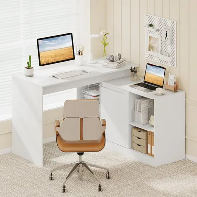 Zdjęcie produktu dla Biurko COSTWAY w kształcie odwróconej litery L, biurko narożne 120 x 120 cm z 2-drożną szafką i 4 przegrodami, nowoczesne biurko komputerowe, drewniane biurko biurowe białe