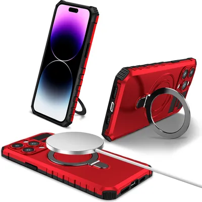Image de Étui pour iPhone 15 Pro magnétique avec MagSafe, porte-anneau, support, étui de protection double couche rouge