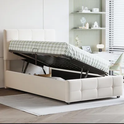 Obrázek produktu pro Dětská postel 90x200 cm s hydraulickým úložným prostorem, nastavitelnou výškou opěrky hlavy, rošt, vysoká postel pro mládež, nosnost do 200 kg, béžová, samet, bez matrace