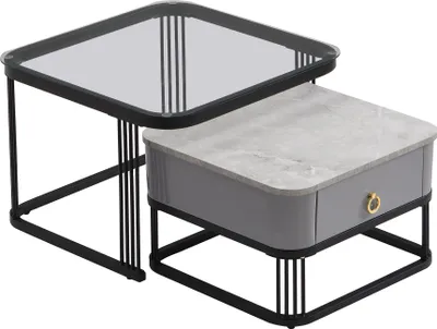 Productafbeelding van Fortuna Lai set van 2 salontafels, met marmerlook en glazen blad, gouden accenten, met 1 lade, zwart