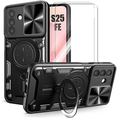 Image de Coque + 2 Verres Trempés pour Samsung Galaxy S25 FE, avec Anneau et Protection Caméra Anti-Rayures - Noir