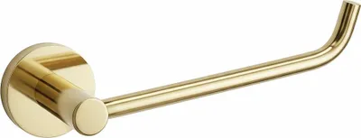 A gold toilet paper holder mounted on a wall.
