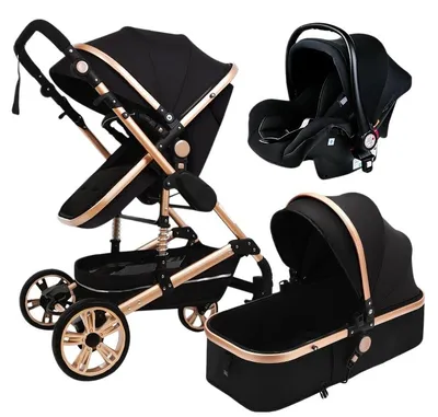 Produktbild von Kombi-Kinderwagen mit Babyschale, 4-Rad Babywagen, faltbar, verstellbar, Hochsitz-Design, EVA, Schwarz