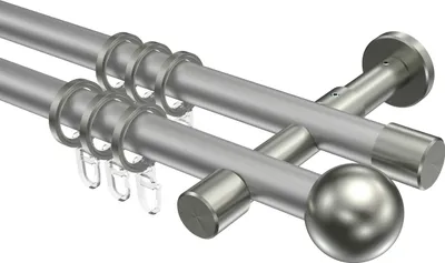 Produktbild von Interdeco Gardinenstange / Vorhangstange Silbergrau / Edelstahl-Optik, Typ Prestige Luino (Kugel), 20 mm Ø 2-läufig, 360 cm