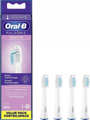 A box of Oral-B Pulsonic Sensitive toothbrush heads is shown next to four individual toothbrush heads.