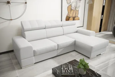 Produktbild von Ecksofa ROYAL MINI aus echtem Leder – 260x160 cm mit Schlaffunktion & Bettkasten, Weiß - Rechts