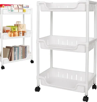A white three-tier rolling storage cart is shown against a white background. The cart is empty.