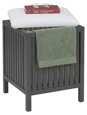 Zdjęcie produktu dla Relaxdays – kosz na bieliznę z siedziskiem, orzech, wyściełana pokrywa, wys. x szer. x gł.: 51 x 38 x 38 cm, stołek łazienkowy z schowkiem, szaro-biały