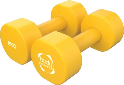 Image de Ensemble d'haltères en néoprène de 2 x 8 kg, en fonte, avec revêtement antidérapant et design plat hexagonal anti-roulement. Idéal pour l'entraînement à domicile, le Pilates et le renforcement musculaire.