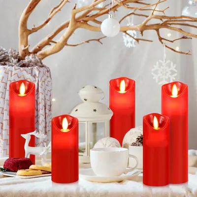 Image de Ikodm, ensemble de 5 bougies LED imitant des bougies en cire véritable, de différentes hauteurs (20/18/16/14/13 cm) - avec télécommande, minuterie, variateur d'intensité, effet de flamme vacillante, lumière blanche chaude