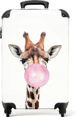 Produktbild von NoBoringSuitcases.com Kinder Handgepäck Koffer 55x35x20 cm, 36L, Bunte Drucke für Mädchen: Weiß - Giraffe mit Kaugummi, Reisekoffer mit 4 Rollen