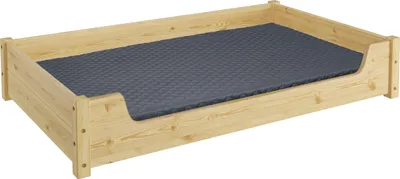 A dog bed made of wood with a gray cushion.