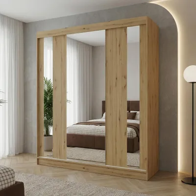Produktbild von Beautysofa GAJA Schwebetürenschrank 180 cm mit Spiegel, Kleiderschrank 3-türig, Schlafzimmer Schrank modern, Artisan/Artisan mit zwei Schubladen